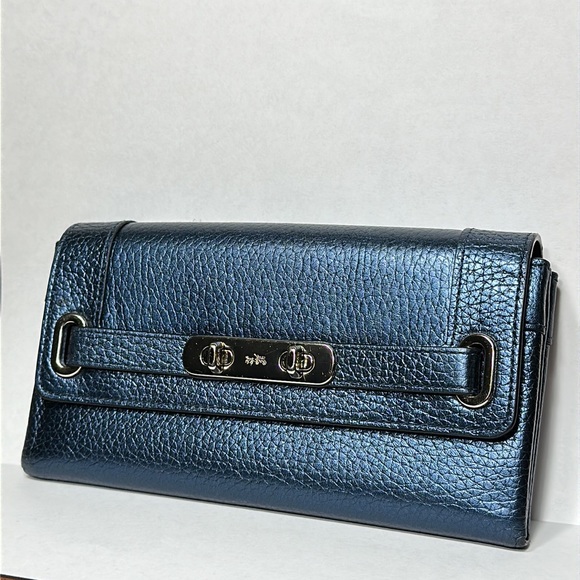 COACH Metallic Blue Cowhide Swagger Wallet - Picture 2 of 16